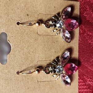 “Queen Bee” Royal Pink Crystal Insect on 14kt Gold Hook Earrings 1" Length